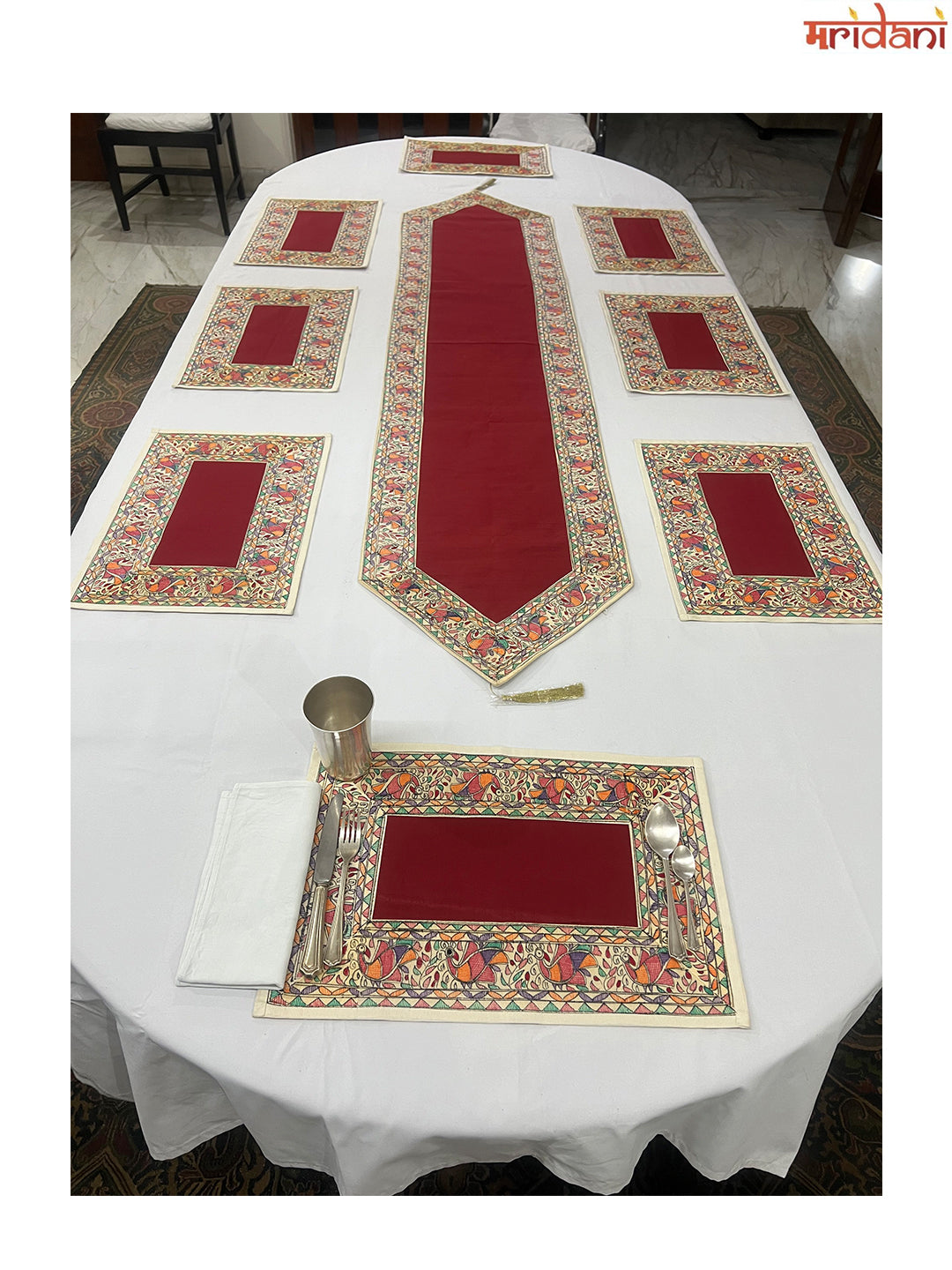 Hand-Painted Madhubani Table Mat Set – Exquisite Peacock Border Design on Maroon